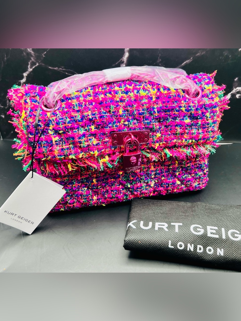 Kurt Geiger London Tweed Mini Bixton Fuchsia Multicolor Tweed Shoulder Bag
